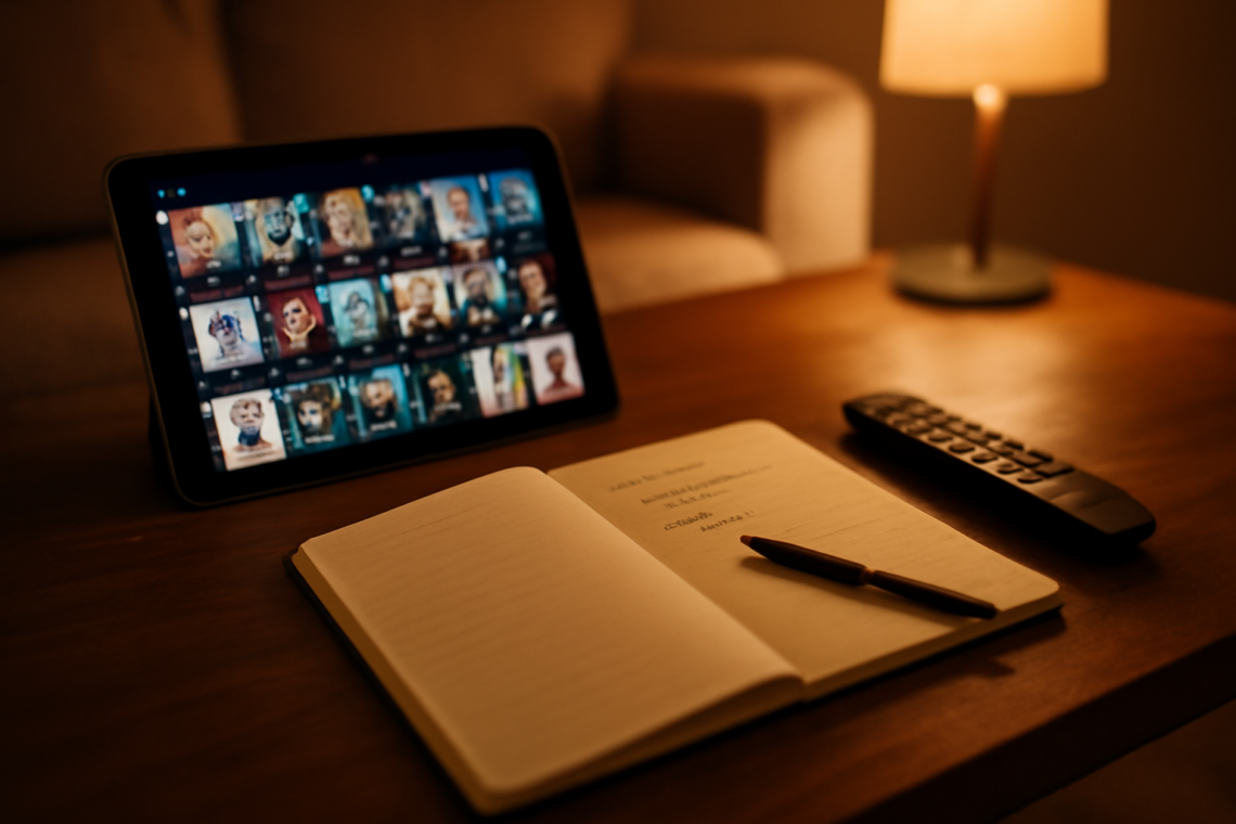 Meja ruang tamu dengan tablet, catatan daftar judul film, dan remote untuk membandingkan layanan streaming