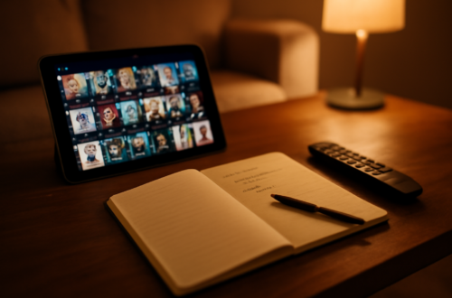Meja ruang tamu dengan tablet, catatan daftar judul film, dan remote untuk membandingkan layanan streaming