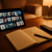 Meja ruang tamu dengan tablet, catatan daftar judul film, dan remote untuk membandingkan layanan streaming
