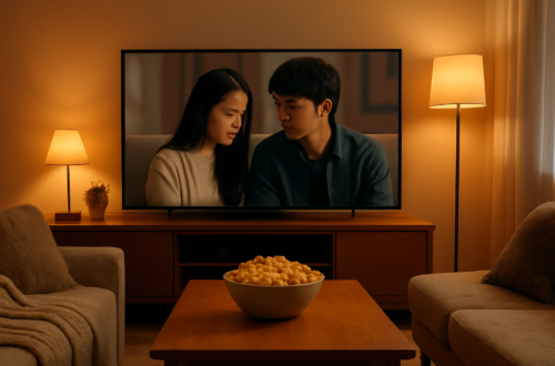 Ruangan nyaman dengan TV menampilkan drama Korea dan popcorn untuk maraton
