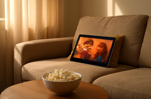Ruang keluarga dengan tablet dan popcorn untuk menonton film animasi bersama anak