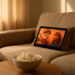 Ruang keluarga dengan tablet dan popcorn untuk menonton film animasi bersama anak
