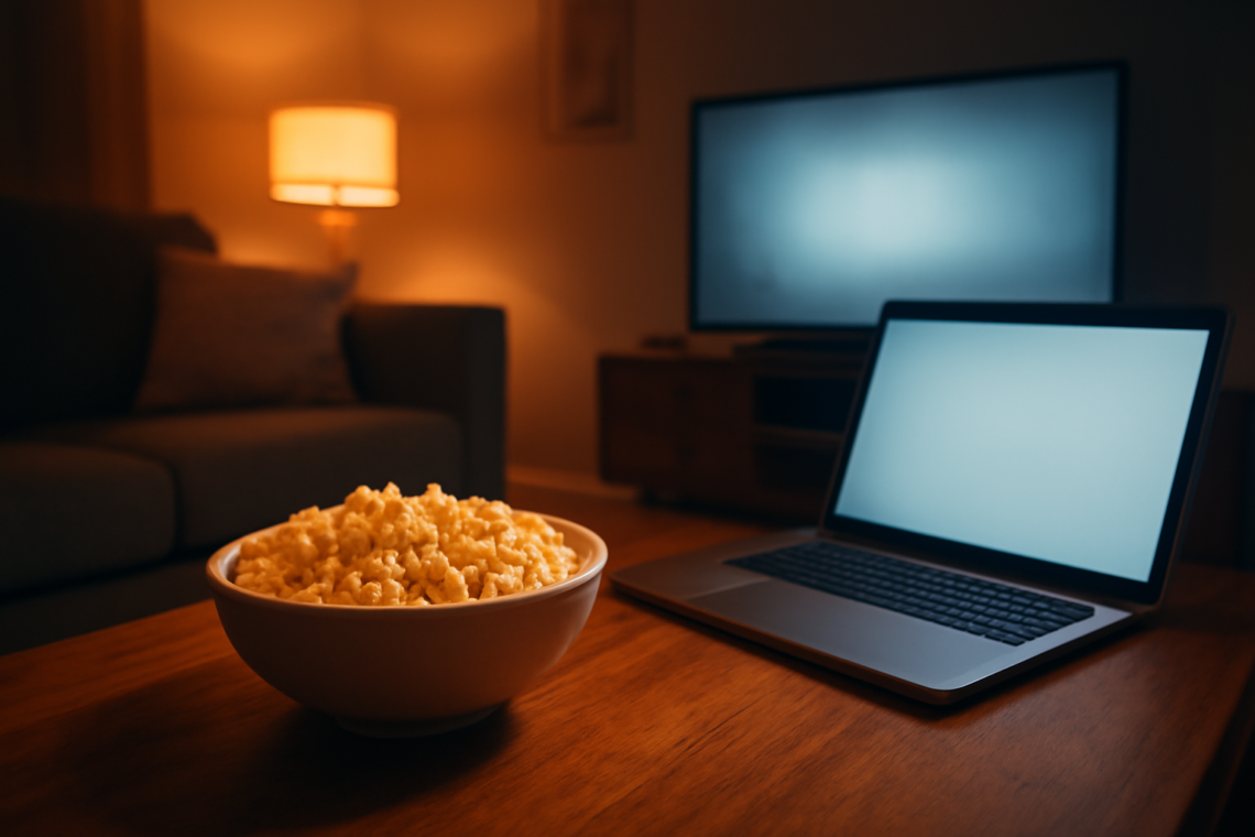 Ruang keluarga dengan popcorn dan layar TV menyala untuk nonton film komedi santai