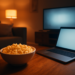Ruang keluarga dengan popcorn dan layar TV menyala untuk nonton film komedi santai