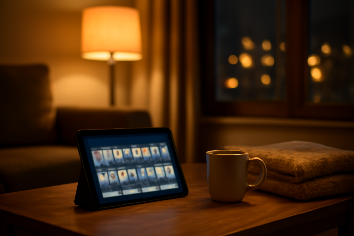 Ruang tamu malam hari dengan tablet menampilkan menu streaming dan selimut di sofa