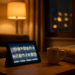 Ruang tamu malam hari dengan tablet menampilkan menu streaming dan selimut di sofa