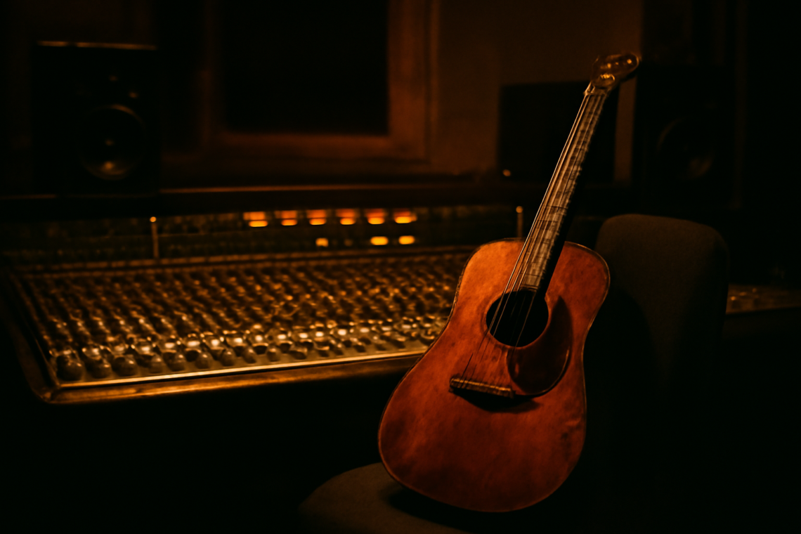 Ruang kontrol studio rekaman dengan konsol mixing dan gitar akustik sebagai ilustrasi film biopik musik