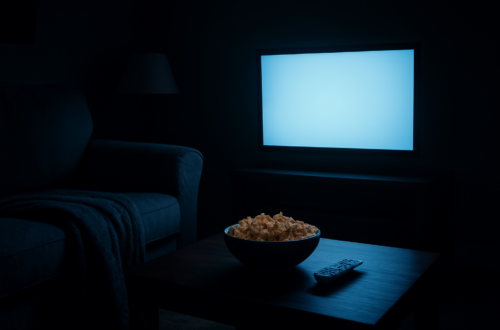 Ruangan gelap dengan TV menyala dan sofa kosong, suasana menonton film horor sendirian