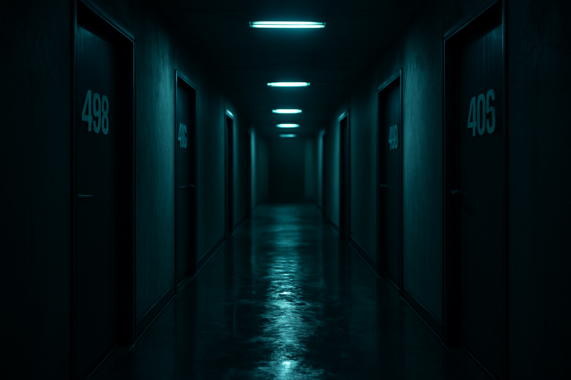 Koridor gelap dengan pintu bernomor sebagai suasana serial thriller Korea