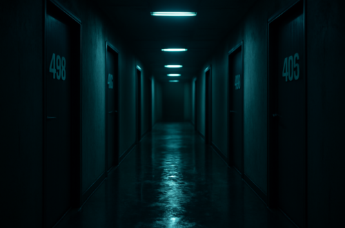 Koridor gelap dengan pintu bernomor sebagai suasana serial thriller Korea